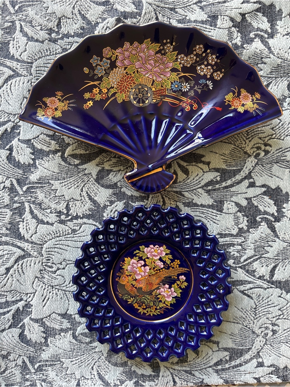 Vintage Pair of  Blue Decorative Plates with Floral and Bird Designs Plate Wall